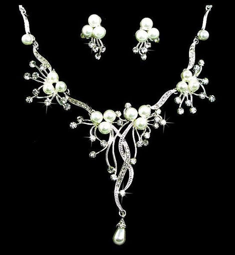 Floral Vine Crystal & Pearl Bridal Jewelry Set