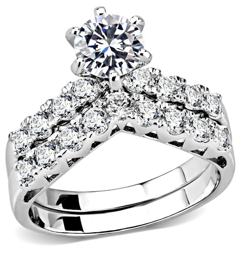 Rhodium Plated Bridal Ring Set with AAA Grade CZ Stones – Double Band with Solitary Centerpiece