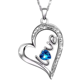 Crystals Sapphire LOVE Pave Heart  Necklace