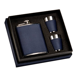 Navy Leatherette Flask & Stainless Steel Shot Glass Set