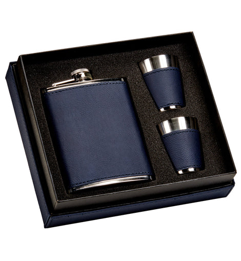 Navy Leatherette Flask & Stainless Steel Shot Glass Set