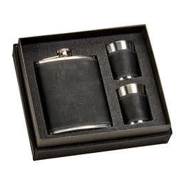 Black Leatherette Flask & Stainless Steel Shot Glass Set