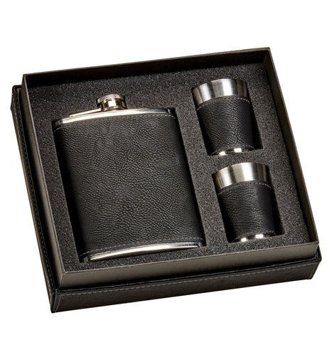 Black Leatherette Flask & Stainless Steel Shot Glass Set