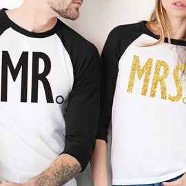 MRS GOLD Bride Shirt + MR Groom Baseball Tees -
