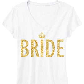 Bride Gold Glitter V-Neck Shirt – White