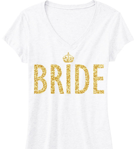 Bride Gold Glitter V-Neck Shirt – White