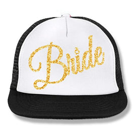 Bride Cursive Script Snapback Trucker Hat – White with Gold