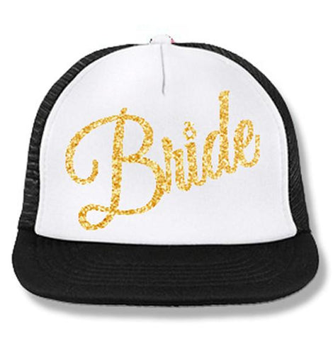 Bride Cursive Script Snapback Trucker Hat – White with Gold