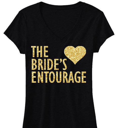 BRIDE'S ENTOURAGE Gold GLITTER Shirt Black V-neck