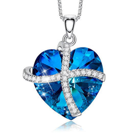 Crystals Bermuda Blue Pave Heart Ribbon  Necklace