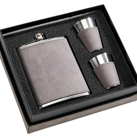 Grey Leatherette Flask & Stainless Steel Shot Glass Set