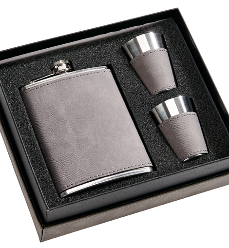 Grey Leatherette Flask & Stainless Steel Shot Glass Set