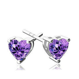 6mm Heart Stud Earrings with Purple Austrian Crystals in 18K White Gold Plating – Italian Craftsmanship