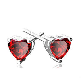 6mm Heart Stud Earring With Austrian Crystals - Red in 18K White Gold