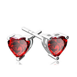 6mm Heart Stud Earrings with Red Austrian Crystals in 18K White Gold Plating – Italian Craftsmanship