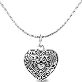 Filigree Beating Heart Necklace in 18K White Gold Plated 18"