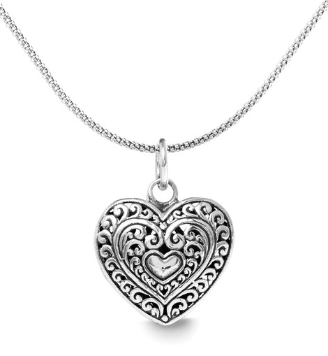 Filigree Beating Heart Necklace in 18K White Gold Plated 18