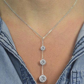 Tripple Embellished with  Crystals Ball Drop Necklace in 18K White Gol