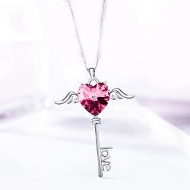 Heart Shaped Pink  Elements Dangling Key Necklace in 14K White Gold