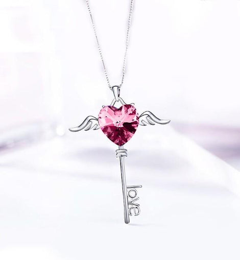 Heart Shaped Pink  Elements Dangling Key Necklace in 14K White Gold