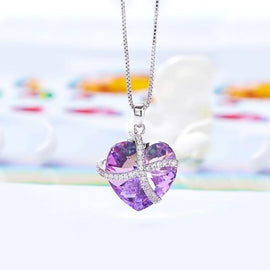 Pink  Sleek Heart Pav'e Lining Necklace in 14K White Gold