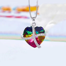 Rainbow  Sleek Heart Pav'e Lining Necklace in 14K White Gold