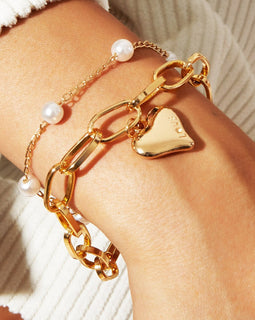 2 Piece Heart and Pearl Bracelet Set in 18K Gold Plated – Italian Craftsmanship