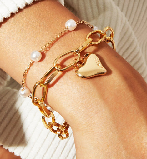 2 Piece Heart and Pearl Bracelet Set in 18K Gold Plated – Italian Craftsmanship