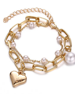 2 Piece Heart and Pearl Bracelet Set in 18K Gold Plated – Italian Craftsmanship