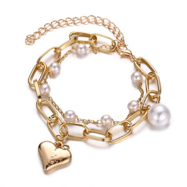 2 Piece Heart and Pearl Bracelet Set in 18K Gold Plated – Italian Craftsmanship