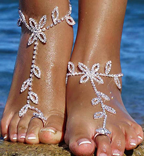 1PC Beach Wedding Jewelry Anklet with Rhinestone Toe Ring and Leaf Design