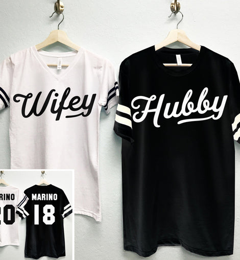 HUBBY & WIFEY Shirts CUSTOM Names + Numbers Set