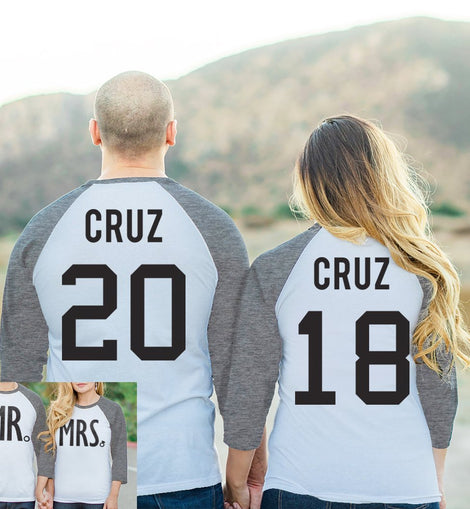 MR + MRS BASEBALL TEES CUSTOM NAMES + NUMBERS -