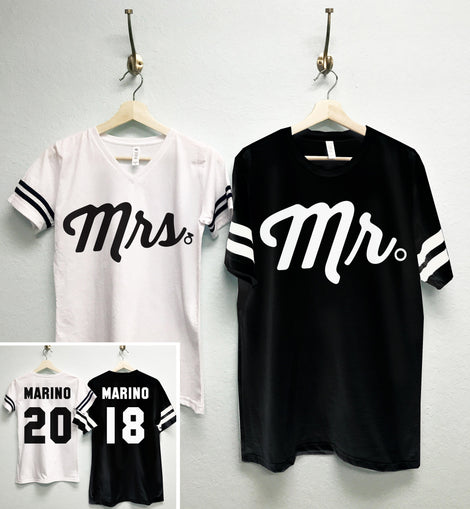 MRS Bride Shirt + MR Groom Tees CUSTOM Names & Numbers Shirts Set