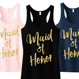 Maid of Honor Script Tank Top with Gold Glitter -