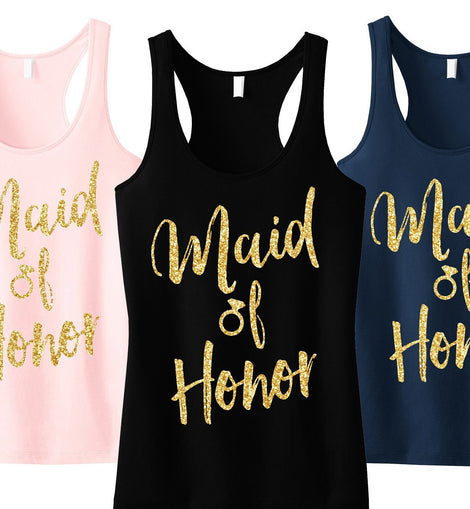 Maid of Honor Script Tank Top with Gold Glitter -