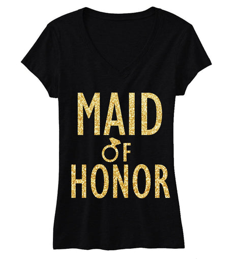 MAID of HONOR Gold GLITTER Bridal Shirt V-neck