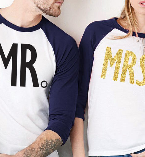 MRS GOLD Bride Shirt + MR Groom Baseball Tees -