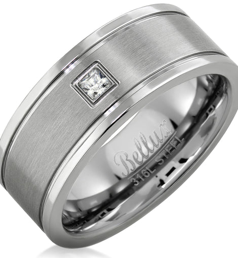 Stainless Steel 8mm Mens Square CZ Wedding Bands