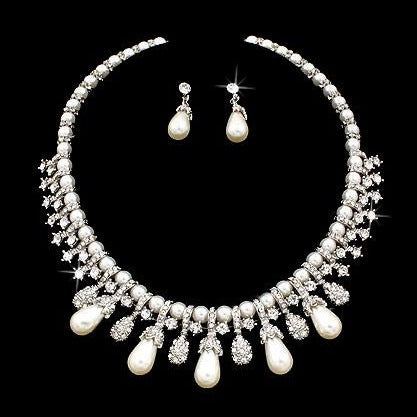 Teardrop Pearl & Crystal Bridal Bib Choker Jewelry Set