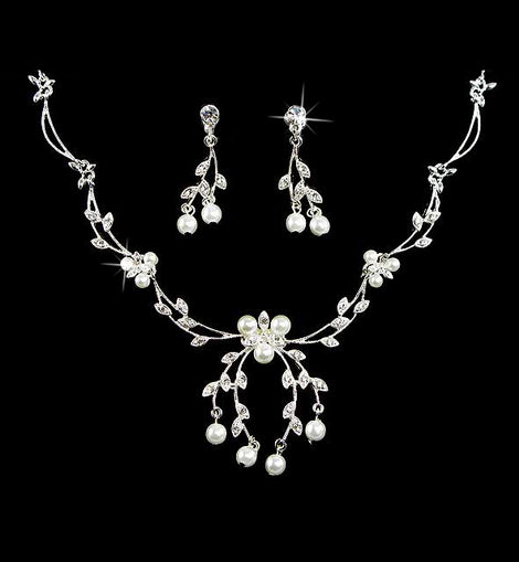 Floral Pearl & Crystal Rhinestone Bridal Jewelry Set