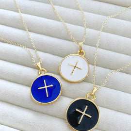 Gold Enamel Cross Necklace, Religious Necklace, Cross Pendant,