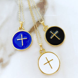 Gold Enamel Cross Necklace, Religious Necklace, Cross Pendant,