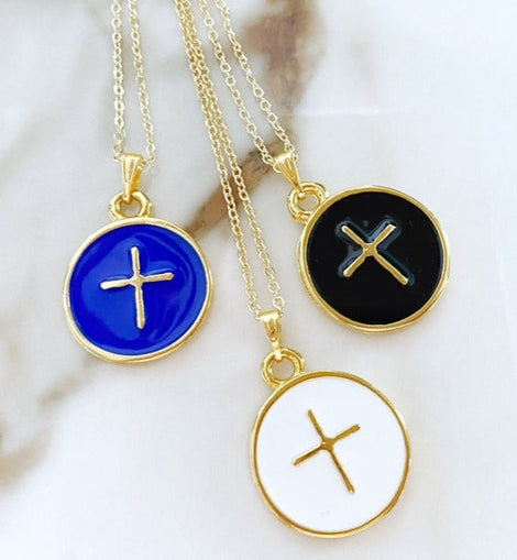 Gold Enamel Cross Necklace, Religious Necklace, Cross Pendant,