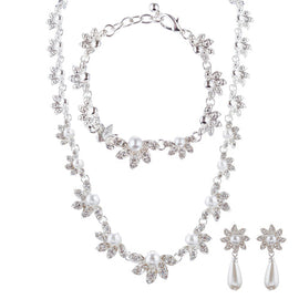 Sweet Floral Crystal & Pearl Bridal Jewelry Set – 3PC Necklace, Bracelet, and Earrings