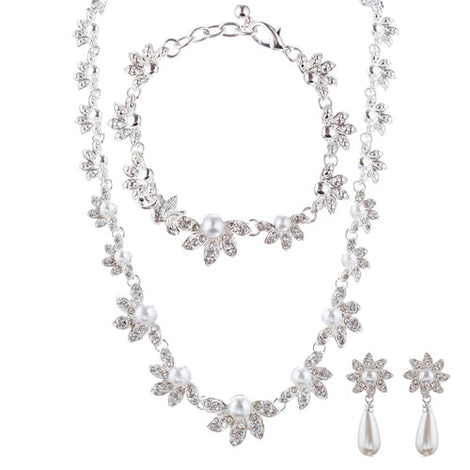 Sweet Floral Crystal & Pearl Bridal Jewelry Set – 3PC Necklace, Bracelet, and Earrings