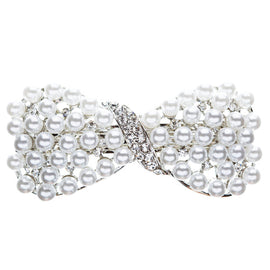 Elegant Bridal Crystal & Pearl Ribbon Bow Hair Barrette