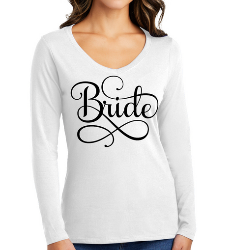 Womens Long Sleeve V-neck Graphic T-shirt, Bride Accessories, Wedding