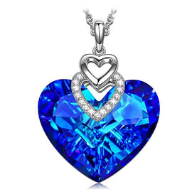 Crystals Bermuda Blue Pave Heart Drop  Necklace