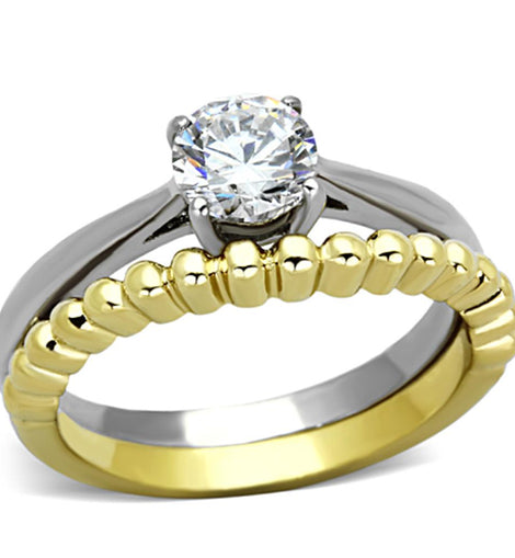 TK1093 - Two-Tone IP Gold (Ion Plating) Stainless Steel Ring with AAA